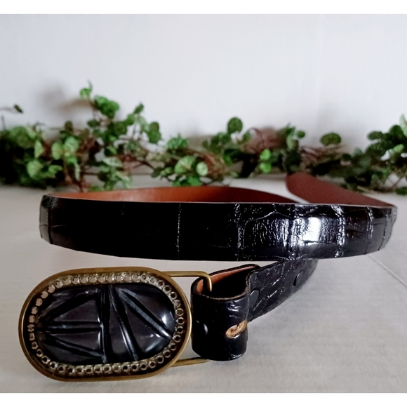 Genuine Alligator Leather Solid Brass Buckle Belt - Black - Picture 14 of 16